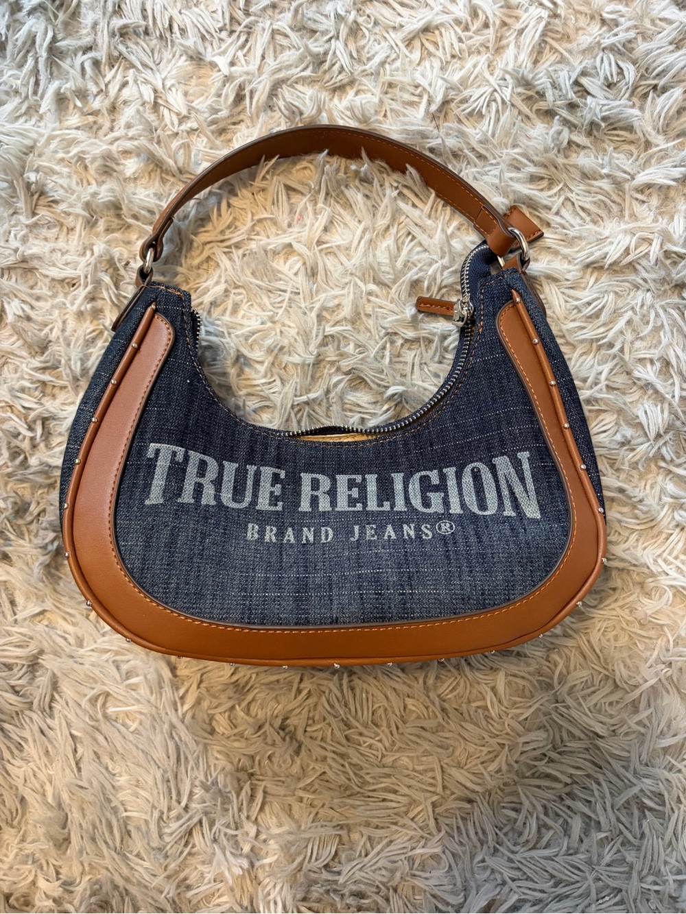 True Religion Denim Logo Hobo Bag in Blue and Tan
